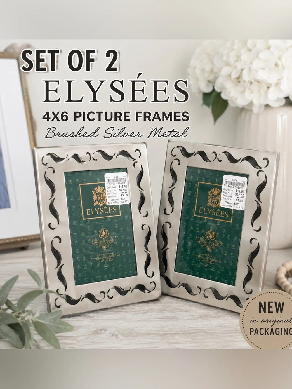 Set of 2 ELYSÉES Brushed Silver Metal 4x6 Picture Frames Decorative Scroll NIP